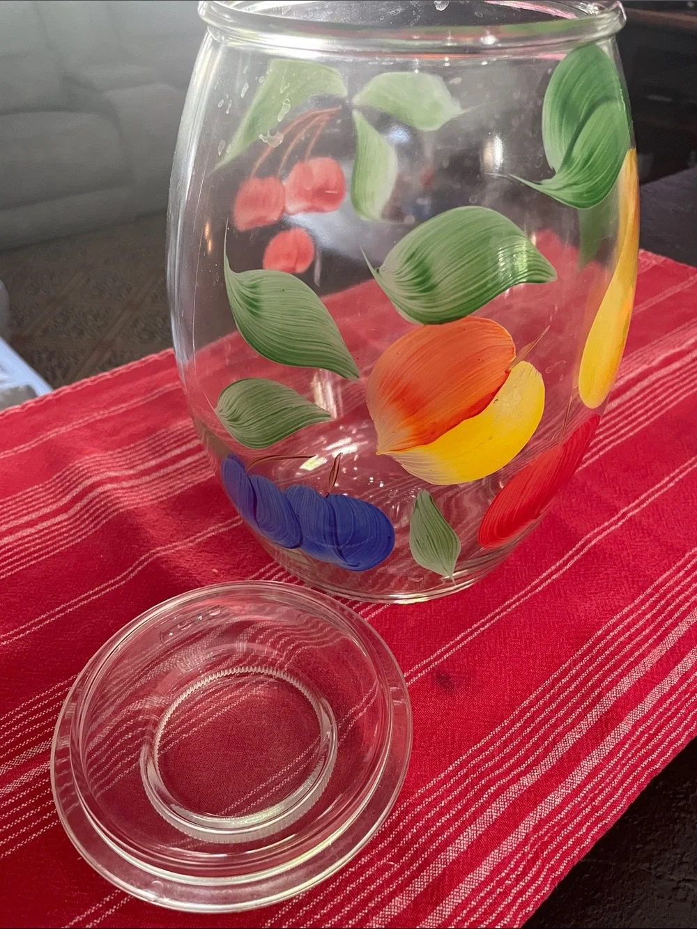Bartlett Collin’s Hand-Painted Glass Canister W/Lid with Fruit Motif -